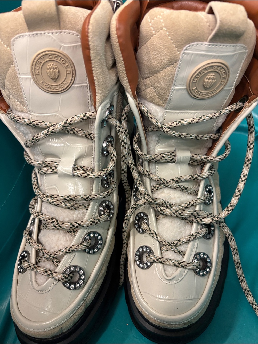 new Kurt Geiger Cream & Tan Quilted Lace-Up Hiking Boots